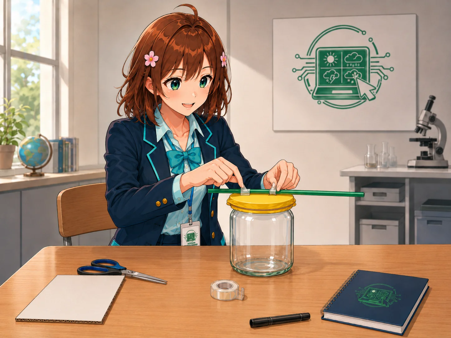 Haruhi fissa la cannuccia al centro della membrana con il nastro adesivo.