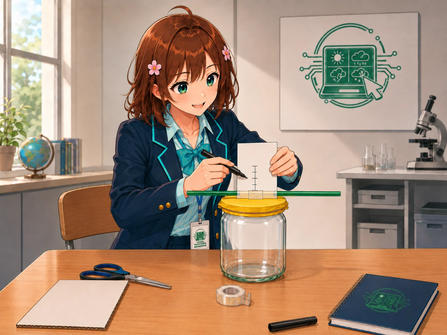 Haruhi posiziona il cartoncino dietro la punta della cannuccia e traccia la scala.