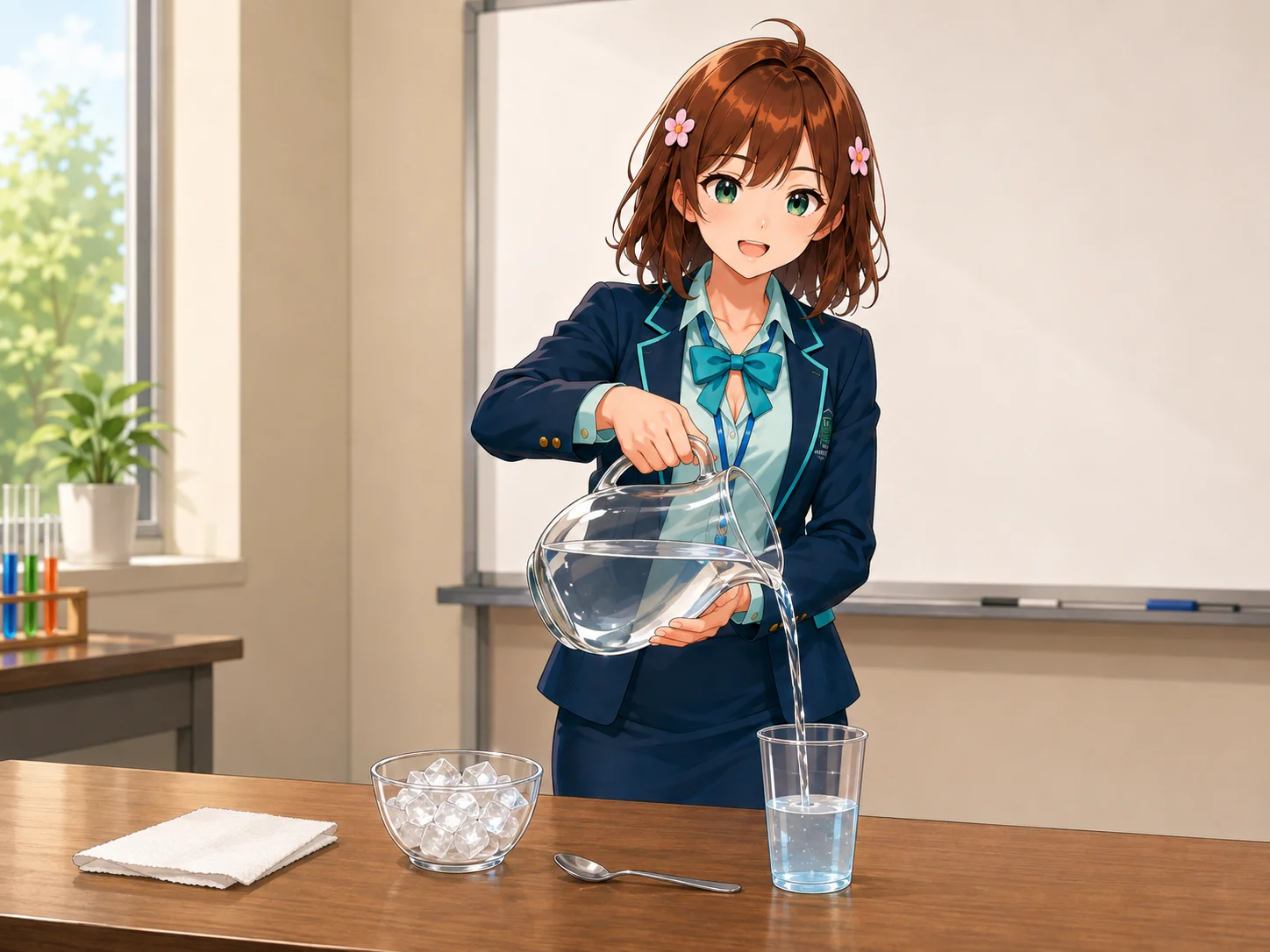 Haruhi versa l'acqua nel recipiente e, facoltativamente, aggiunge alcune gocce di colorante Haruhi versa l'acqua nel recipiente e, facoltativamente, aggiunge alcune gocce di colorante