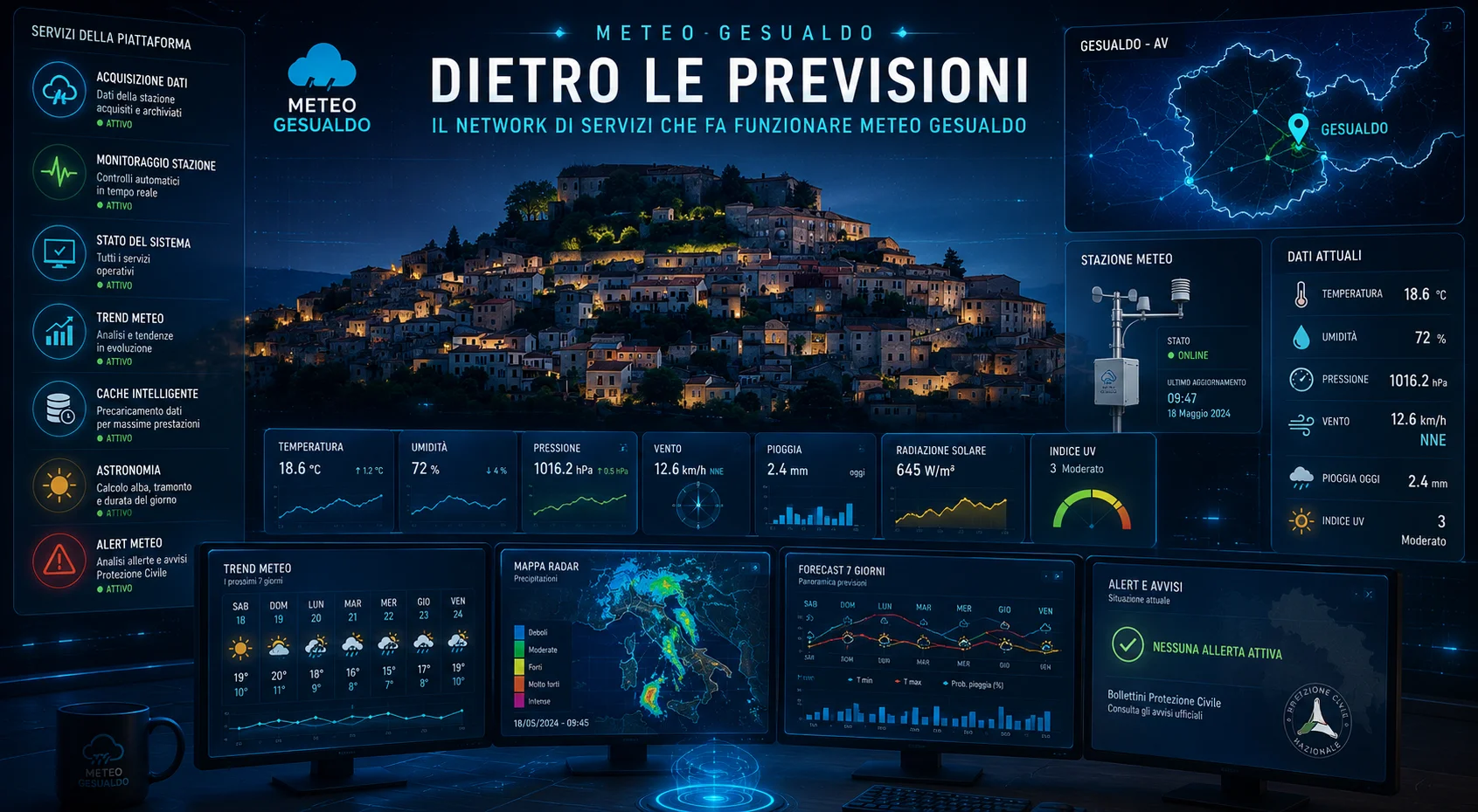 dashboard futuristica con grafici, monitor e mappa stilizzata di Gesualdo dashboard futuristica con grafici, monitor e mappa stilizzata di Gesualdo