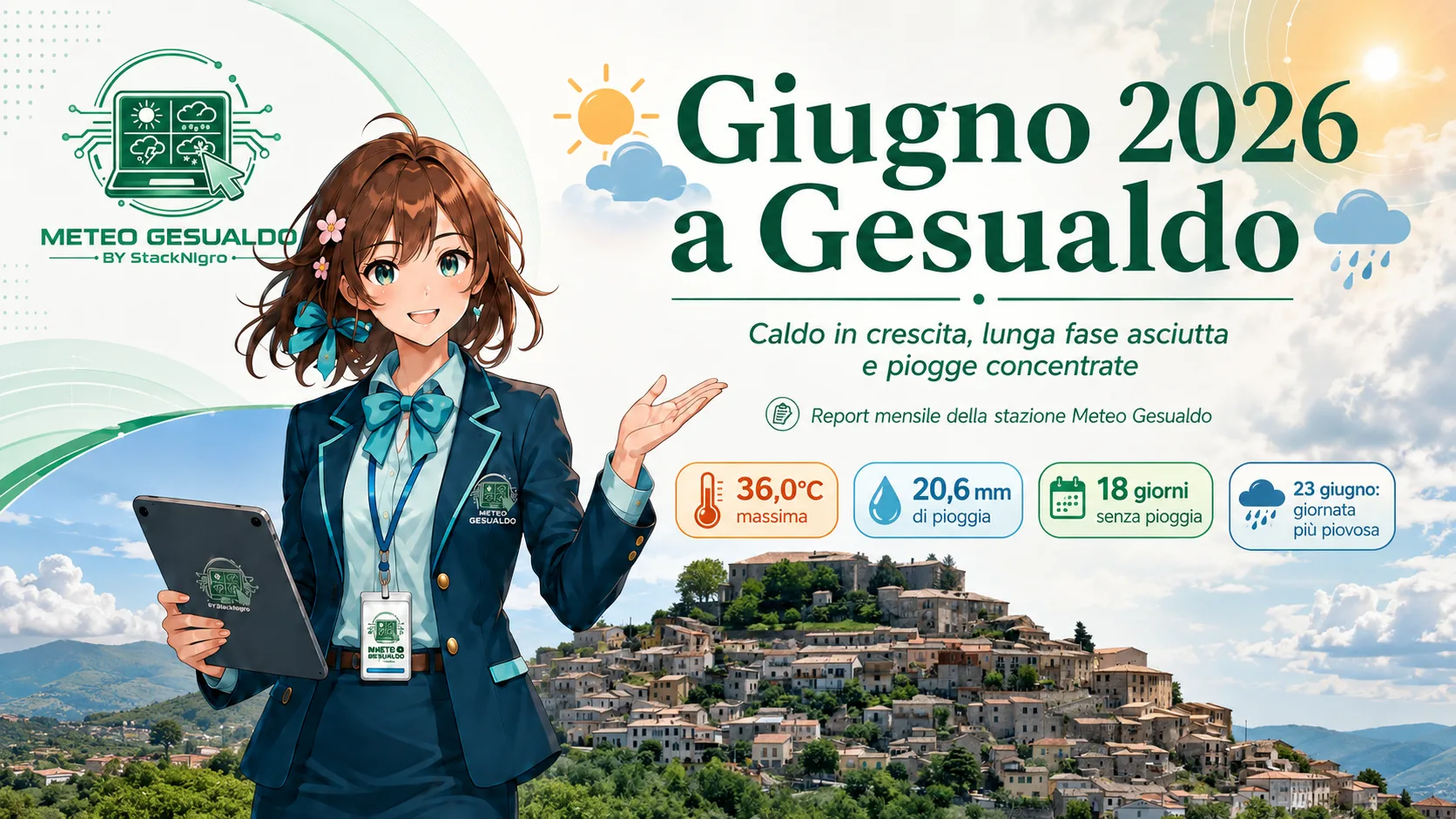 Giugno 2026 a Gesualdo: caldo in crescita, lunga fase asciutta e piogge concentrate